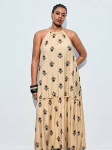 Maija Große Größen Sommer Lässig Kleid mit Blumen Allover-Muster und Trägerkragen