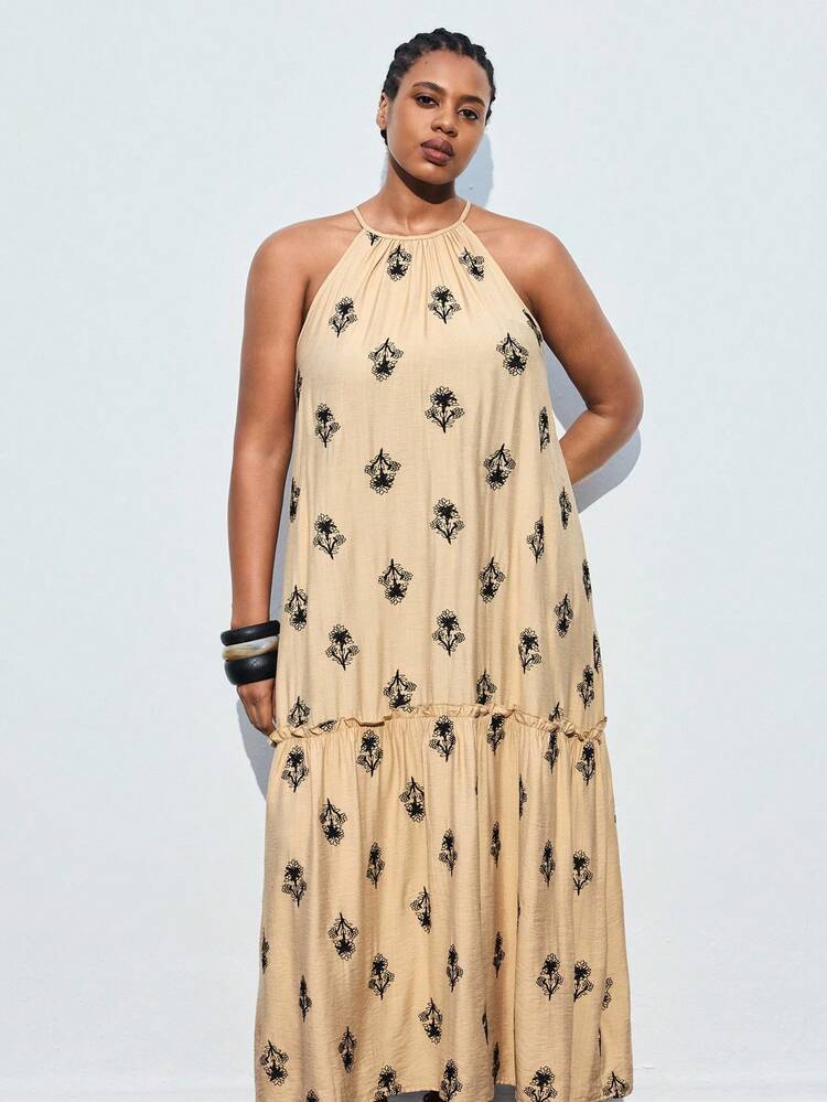 SHEIN Maija Plus Size Summer Casual Floral All-Over Print Halter Dress Halloween Christmas National Day Clothes New Year Clothes