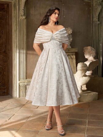 Aureia Plus Size Autumn And Winter Elegant Gorgeous White Luxury Off-Shoulder Gathered Chest Shape A-Line Hem Medium Long Suitable For Dinner Party Bachelorette Party Vacation Date Music Festival Dance Holiday Wedding Event Birthday Bridal Gift Dress