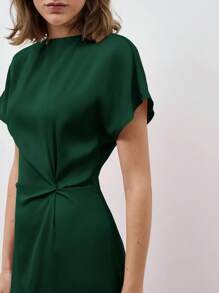 Maija Women's Plain Round Neck Short Sleeve Casual Fitted Shirred Waist Mid-Length Dress, Holiday, Business Casual, Satin Dress, Elegant Dress - Dark Green - View 2