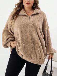 SHEIN CURVE+ 大码女式休闲时尚蓬松长袖运动衫 - 駝色 - 查看 8