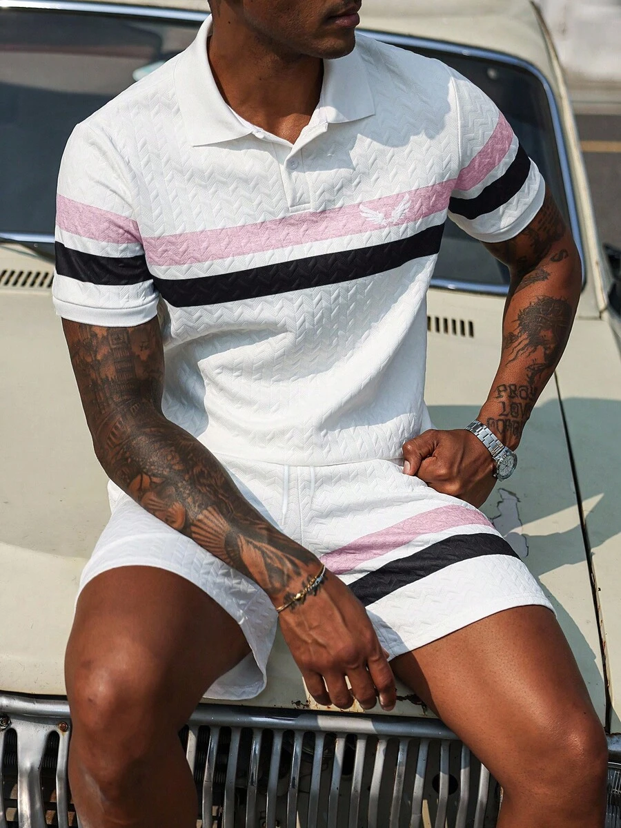 Manfinity Homme Bộ áo thun polo và quần short họa tiết tương phản Wing Icon thường ngày dành cho nam - Nhiều màu - Xem 1