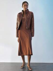 Maija Áo khoác chần bông cổ đứng tay dài màu trơn dành cho nữ Áo khoác ngắn màu nâu Áo khoác màu nâu cho mùa thu/đông - Cà phê nâu - Xem 6