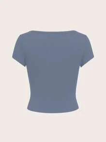 SHEIN EZwear 休閒簡約霧藍色圓領短袖黑色修身女款T恤，適合夏季 - 霧霾藍 - 查看 3