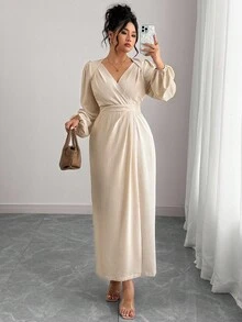 Elenzga 大码女式休闲优雅纯色荷叶边下摆松紧腰长袖长裙，适合工作、度假、春/秋/冬季米色中长裙长袖优雅连衣裙米色女式连衣裙优雅连衣裙 V 领中长裙 - 杏色 - 查看 6