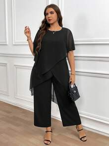 Reflora Plus Size Elegant Commuter Solid Color Asymmetric Hem Top And Pants 2 Pieces Set,Fall Clothes For Women - Black - View 6