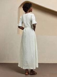 Bóhologie Vestido maxi blanco elegante con mangas globo cortas, bordado de ojal