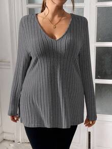 SHEIN Essnce 加大码女式秋季长袖 T 恤，长袖 T 恤，长袖女式上衣，冬季服装，高个子女式，女式开叉上衣，冬季上衣，圣诞衬衫，秋季服装，秋季女式上衣，针织衬衫，秋季衬衫，长袖女式 - 深灰色 - 查看 3