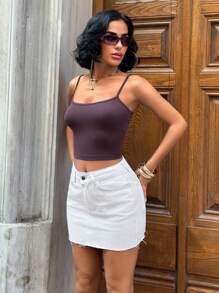 EURMUSE WOMEN LOW WAIST WHITE DENIM SKIRT EVERYDAY CASUAL RAW EDGE White Jean Skirt Frayed Hem Denim Skirt Casual Skirt Summer Skirt - White - View 5