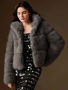 Anewsta Short Hooded Fluffy Faux Fur Patchwork Fashion Jacket, Autumn/Winter - Dark Grey - View 5