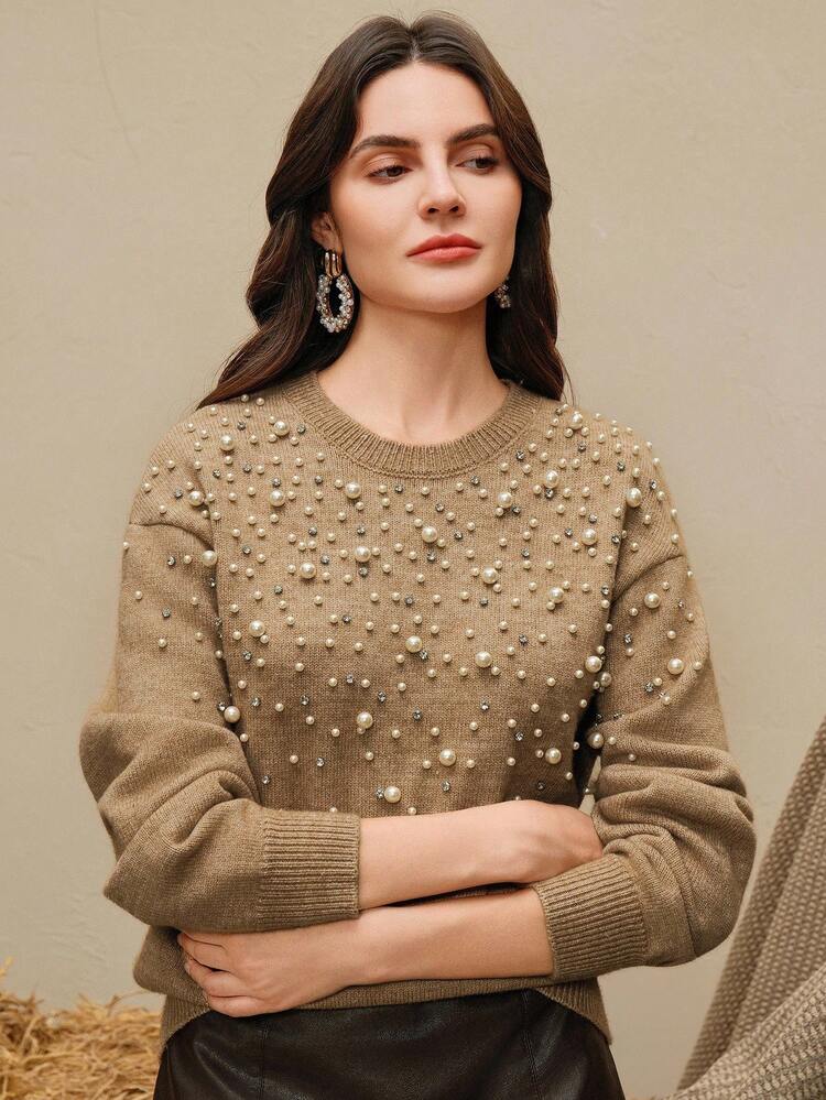 Anewsta Camel Crew Neck Long Sleeve Asymmetric Pearl Knit Sweater For Women, Suitable For Autumn/Winter, Christmas, Lunar New Year, Parties, Elegant, Luxury, Formal, Fashion, Business, Graduation