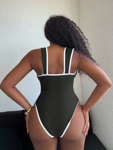 Alexandranx 女士节日派对沙滩尼龙面料连体泳衣 - 黑與白 - 查看 2