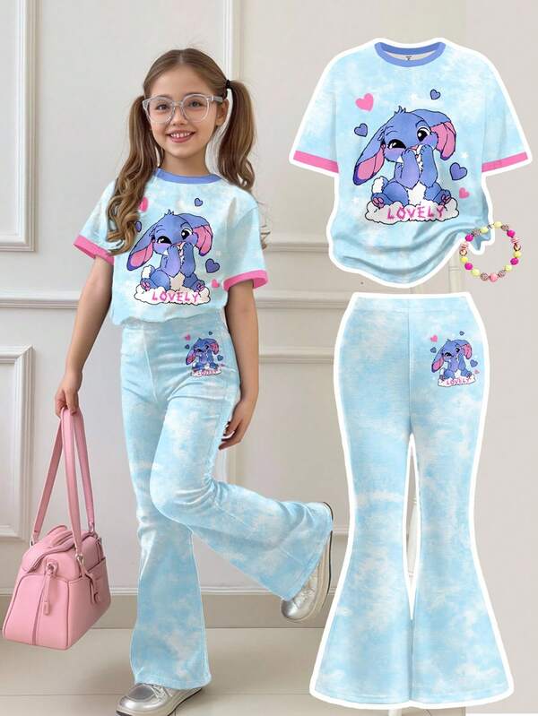 SHEIN 2pcs Cute Cartoon Blue Rabbit Lulu, Stitch Pattern, Tie-Dye Sky Blue, Contrast Trim, Tween Girl Casual Loose Short Sleeve Round Neck T-Shirt And Flare Pants Set, Suitable For Summer, Autumn Layers For Kids, Stylish Kids, Casual Wear, Kids Graphic Clothes, Back To School, Fall Clothes, Homecoming