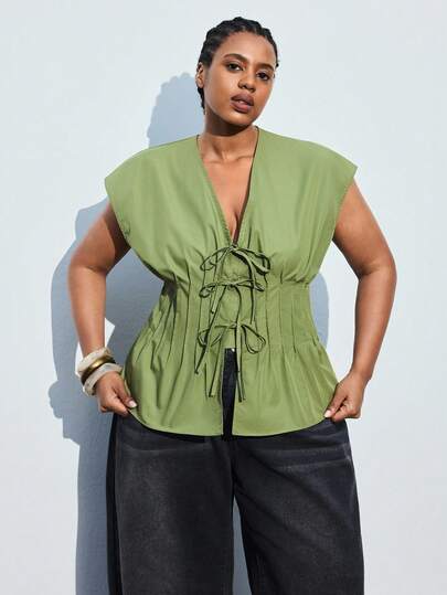 Maija Plus Size Women's 2026Summer New Arrival Sleeveless Blouse, Wide Shoulder, Slimming Waist, Tie Bow Design, Casual Chic Commuting Versatile Vest Top, Suitable For Daily, Vacation, Music Festival, Beach,Spring To Summer Spring Outfit Womenvalentine's Day Carnival Fasching Women Costume Party Beach Wedding Vacation Casual