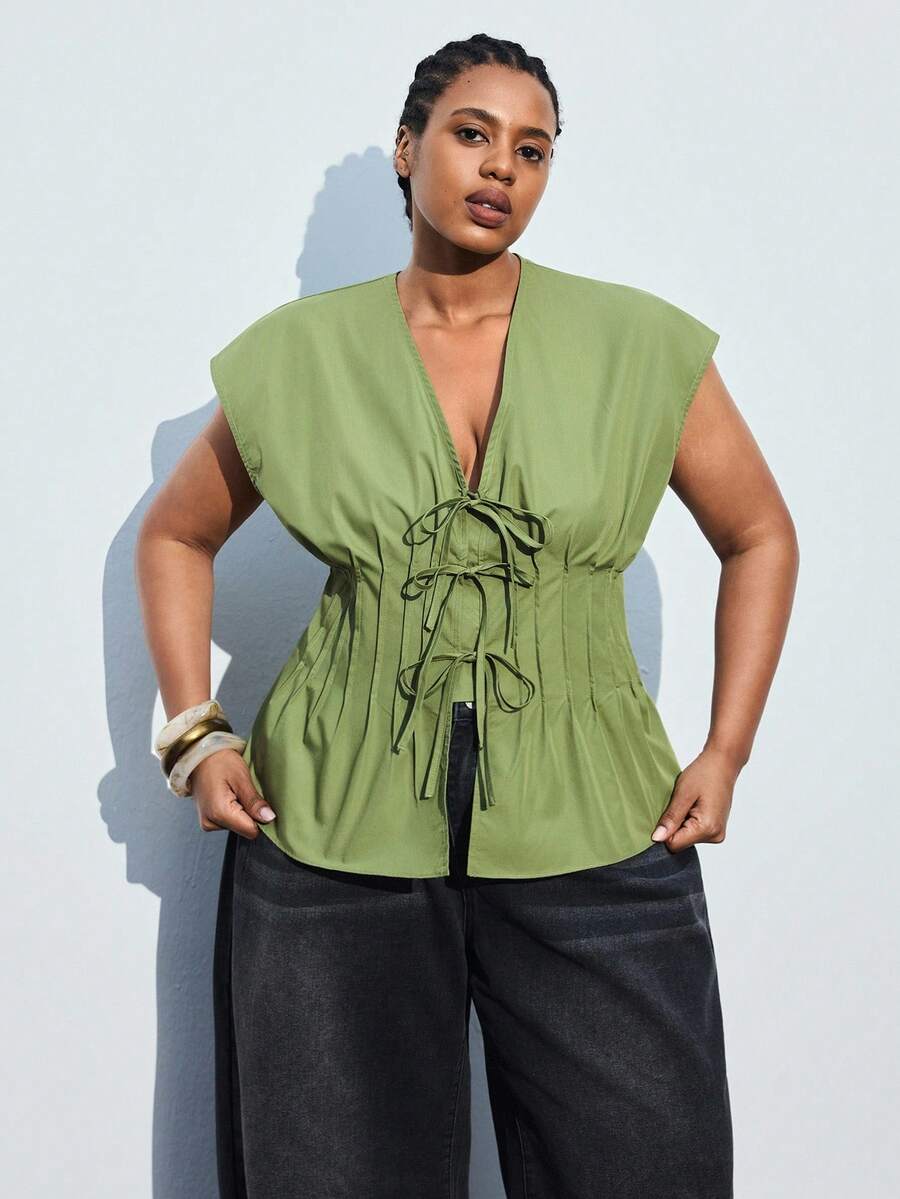 Maija Plus Size Women's 2025 Summer New Arrival Sleeveless Blouse, Wide Shoulder, Slimming Waist, Tie Bow Design, Casual Chic Commuting Versatile Vest Top, Suitable For Daily, Vacation, Music Festival, Beach, Graduation Halloween Christmas National Day Clothes New Year Clothes