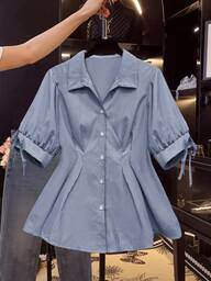 SHEIN LUNE ขนาดใหญ่ เสื้อเชิ้ตคอเฉพาะพิมพ์ลายริ้วสีน้ำเงินและสีขาว