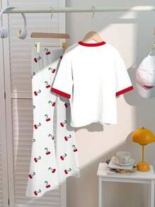 SHEIN 青少年女孩休闲复古美式蝴蝶结和樱桃图案，迷你波尔卡圆点樱桃图案，红色滚边，短袖上衣和裤子两件套，适合夏季返校装、节日装扮、可爱、卡哇伊、女孩套装、青少年女孩服装、女孩服装、儿童、返校、返校节、校服、休闲、史迪奇 - 白色 - 查看 3