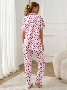 RueChic Women Contrast Colour Piping Detail Buttın Front Heart Pattern Homewear PJ Set - White - View 2