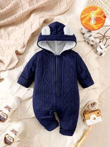SHEIN Babyboy Navy And White Jumpsuit, Autumn Cute Hooded Plush Ear Design Navy Blue Winter Clothes For Newborn, Home Wear Casual Cozy Fleece Romper Fall - Multicolor - View 3