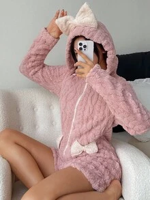 SHEIN 蝴蝶结连帽抓绒睡衣连体衣可爱睡衣女式蓬松睡衣可爱家居服毛绒睡衣连帽可爱睡衣，秋冬舒适 - 粉色 - 查看 2