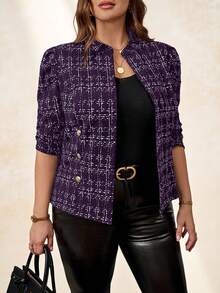 Chikora Chaqueta de mujer de talla grande con hebilla metálica y textura de tweed, elegante y versátil para uso diario, negocios, transporte, otoño e invierno - Morado - Ver 5