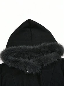 SHEIN Sweetro 秋冬大码休闲纯色双排扣连帽夹克 - 黑色 - 查看 7