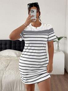 SHEIN Frenchy 大码夏季休闲拼色条纹连衣裙 - 深灰色 - 查看 4