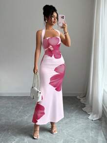 Elenzga Women's 2025 Summer Halter Tie Waist Slim Fit Printed Mid-Length Dress