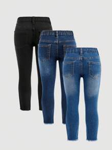 SHEIN 年轻女孩休闲磨边口袋水洗牛仔裤