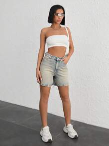 EURMUSE WOMEN VINTAGE WASH HIGH WAIST DENIM SHORT Y2K STYLE - Light Wash - View 5