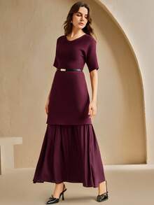 Anewsta Vestido de punto largo elegante y de moda 2 en 1 para mujer - Burdeos - Ver 3