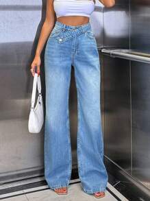EURMUSE 100% Cotton High Waist Asymmetric Belt Wideleg Jean - Medium Wash - View 5