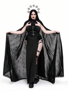 Flirla 大码网眼花卉蕾丝装饰钻石圆点朋克哥特夹克 - 黑色 - 查看 1