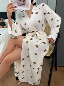 Dream Adore Cute Bear & Heart Print Women Long Sleeve Robe, Fall  Cozy And Elegant Details - Apricot - View 2