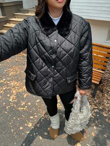 SHEIN EZwear 大码女式纯色羊毛翻领长袖休闲冬季夹克 - 黑色 - 查看 3