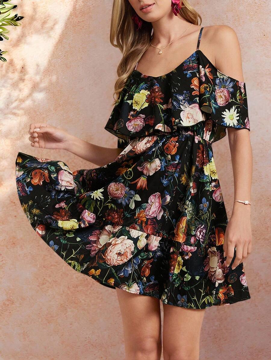 Amorya Clasi 女士花卉印花 V 领露肩吊带优雅休闲日常浪漫春夏连衣裙 - 彩色 - 查看 1