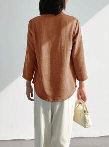 EMERY ROSE 女式春季印花缺口领 3/4 袖衬衫、工作衬衫