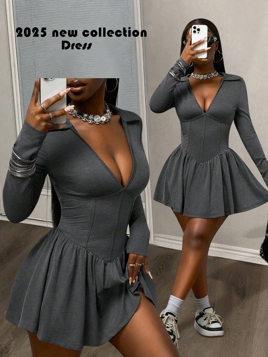 Slaydiva Nuevo vestido mini para mujer de estilo de calle diario y casual para otoño temprano 2025, con cuello polo sexy + cuello en V profundo, manga larga, volantes en el borde, minifalda o pantalón corto con estampado de flores oscuras, color gris y negro acanalado. - Negro - Ver 1