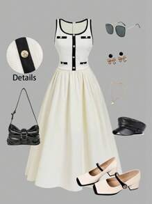 SHEIN MOD Plus Size Women Elegant Metallic Buckle Accent Sleeveless Dress Old Money - Apricot - View 5