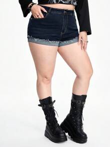 ROMWE Grunge Punk Quần short denim cạp trễ cổ điển có độ co giãn cao, thanh lịch và đa năng, cỡ lớn - Màu xanh lam - Xem 5