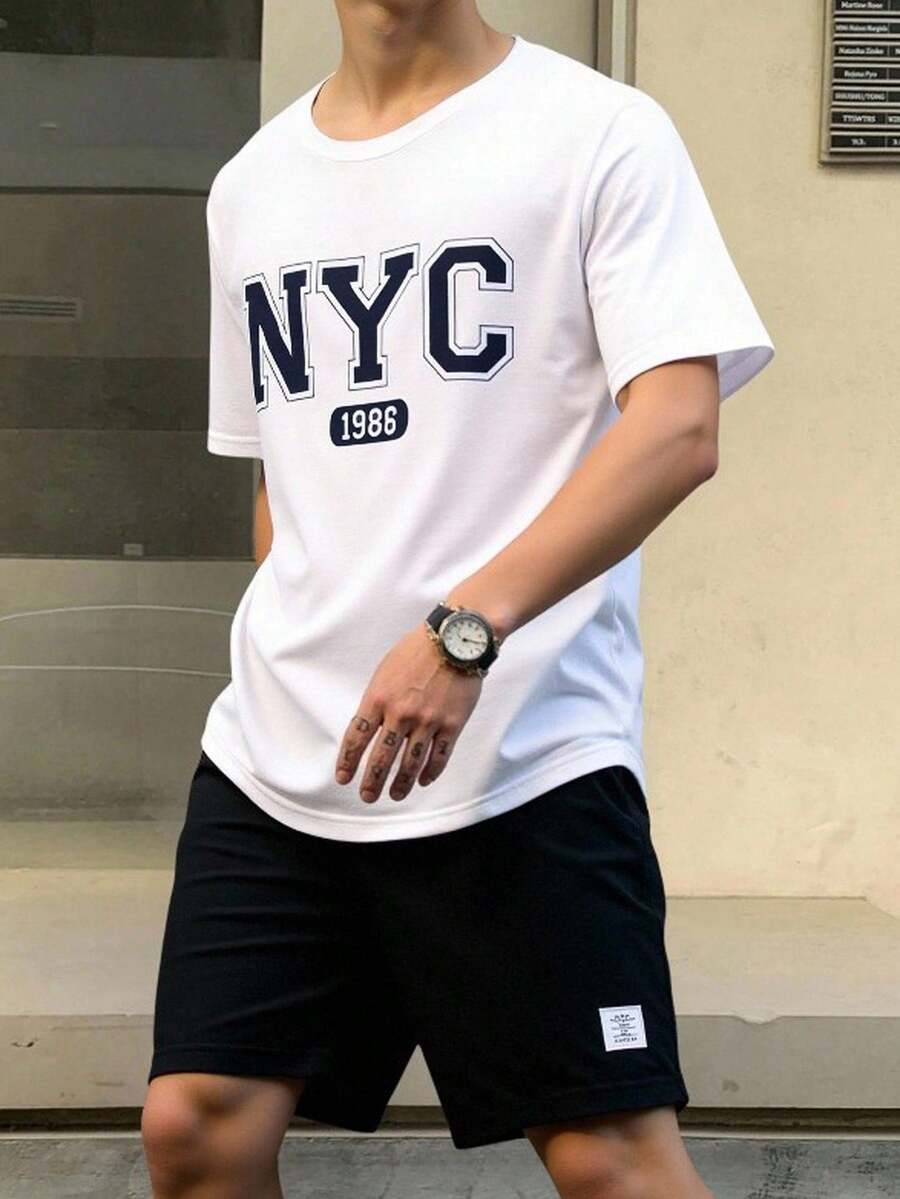 SHEIN 2pcs/Set Teen Boys' Casual Short Sleeve T-Shirt And Shorts Set, Street Punk Rock Style For Daily Wear, Party, Music Festival, Suitable For Spring/Summer