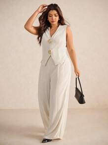 Elaquor Große Größen Lässig Ärmellose Bluse und Weite Hose 2 Stücke Set