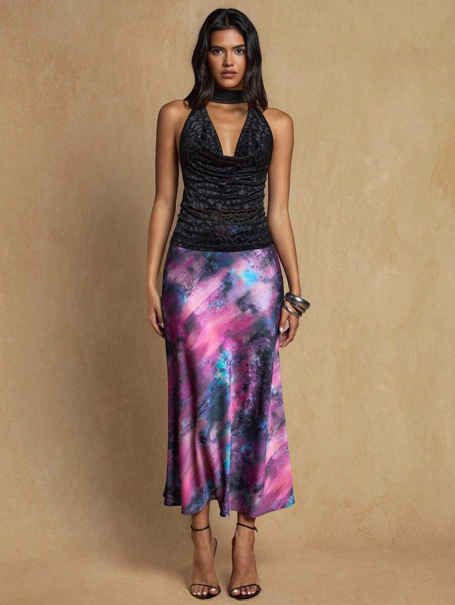 Glamine 女士缎面印花A字裙，优雅百搭