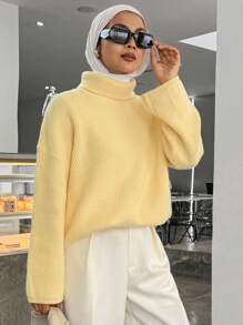 DAZY Women's Solid Color Drop Shoulder Long Sleeve Loose Casual Sweater, Autumn/Winter,Fall Women Clothes Turtleneck Women Modest Fashion School - Yellow - View 4