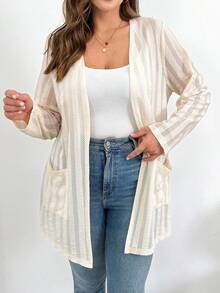 SHEIN Essnce 大码女装春夏时尚休闲宽松舒适日常透视纹理面料杏色长袖开衫外套，秋季女装，外出上衣，女士早午餐装，简约风格 - 杏色 - 查看 5