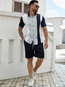 Manfinity Homme Herren Große Größen Gestreiftes Kurzarm Einreiher Hemd und Shorts Lässig anzug, Sommer - Verschiedenfarbig - Übersicht 3