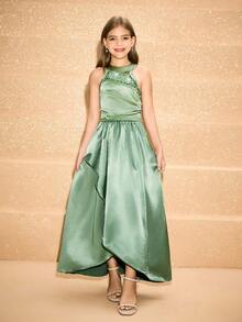 Elegant Sage Green Summer Wedding Dress For Tween Girls,Flower Girl Prom Evening Party Gown - Green - View 7