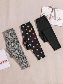 SHEIN Conjunto de 3 piezas de leggings estampados con leopardo y flores para niñas preadolescentes, negros y con estilo - Multicolor - Ver 3