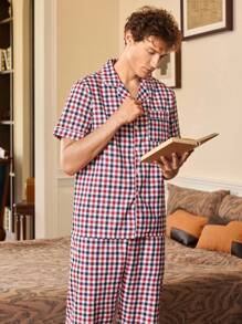 英伦绅士复古男士格子短袖单排扣上衣和裤子睡衣套装 - 彩色 - 查看 5