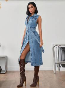 CasuGlow Women's Front Button No Sleeve Pockets Casual Long Denim Dress - Light Wash - View 4